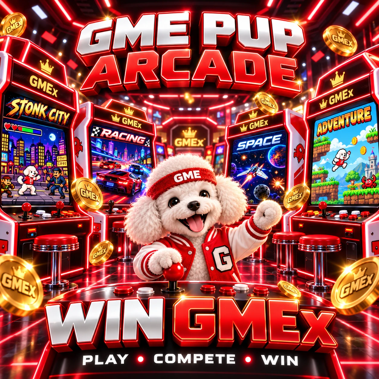 Tylee surrounded by Stonk City, racing, space and adventure arcade machines. Win GMEx.