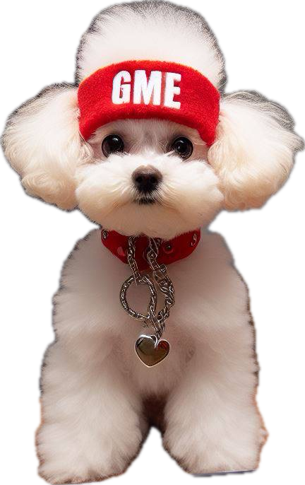 TYLEE stuffed animal design inspiration: a fluffy white pup with a red GME headband and collar, shown without a background