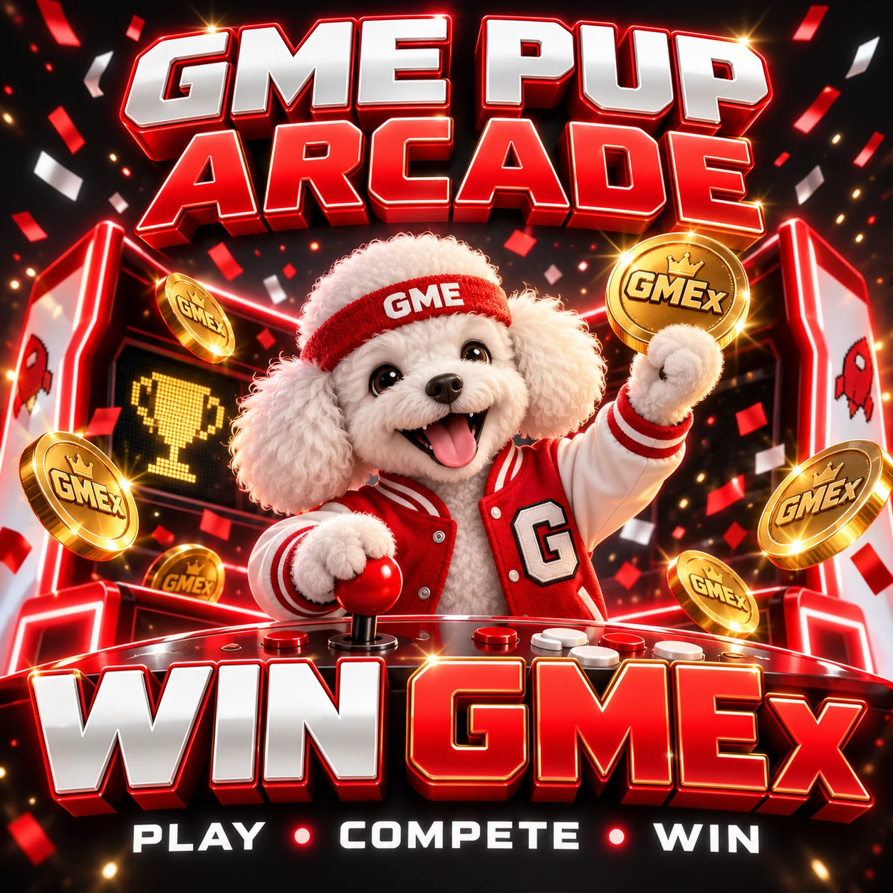 GME PUP Arcade: Tylee holding a GMEx prize coin. Play, compete, win.